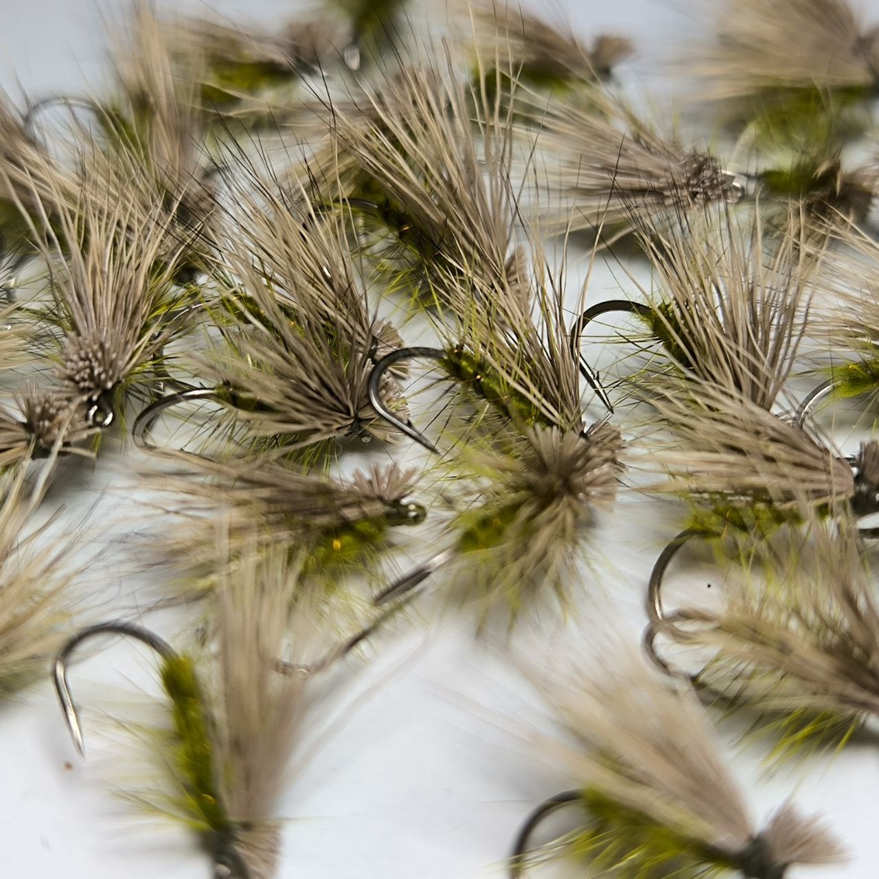Elk Hair Caddis Olive hand-tied dry fly set for trout and grayling